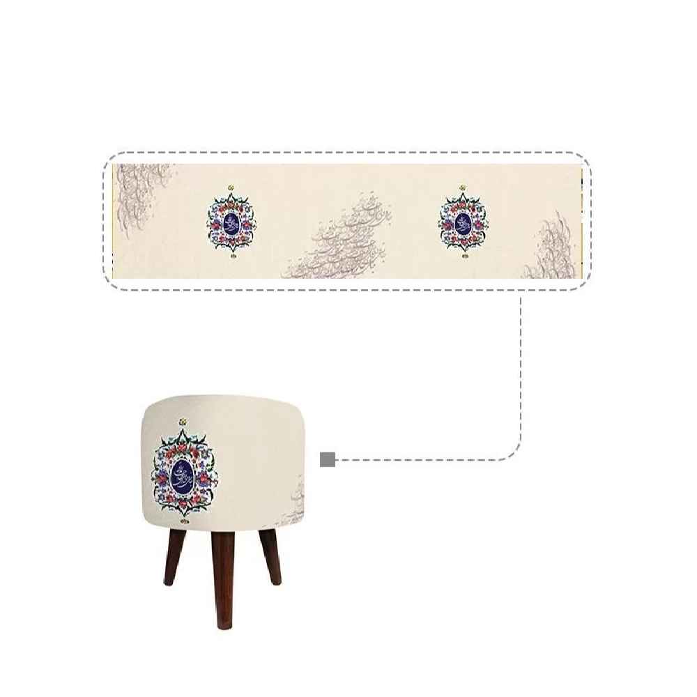 Runder Samt-Hocker mit Holzbeinen, inspiriert von persischer Kunst, Creme Romantic