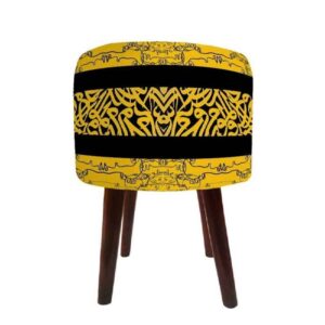 Runder Samt-Hocker mit Holzbeinen, inspiriert von persischer Kunst, Gelbe Kalligraphie