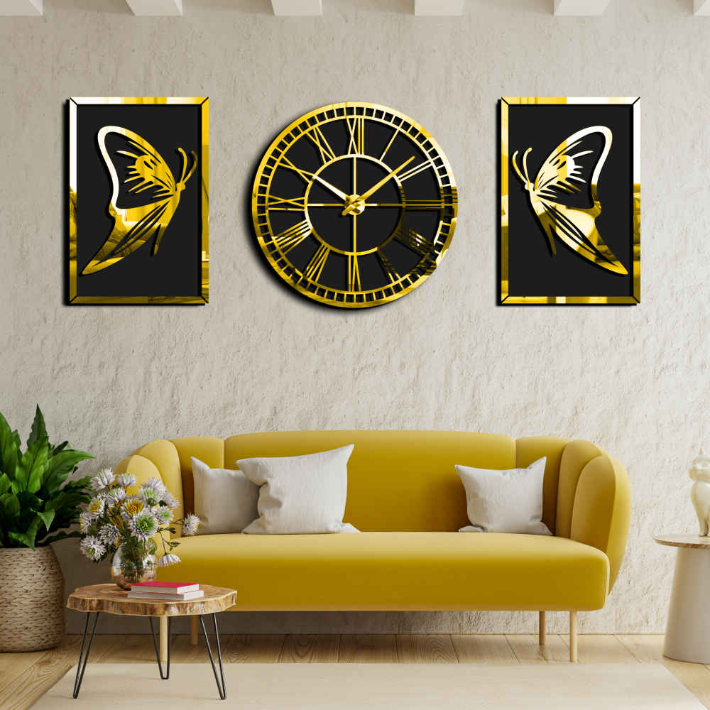 Moderne 3-teilige Wanduhr-Set Schmetterling