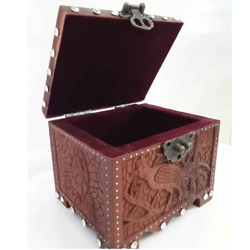 Handgeschnitzte Holz-Schmuckbox mit Blumen- und Vogel-Muster