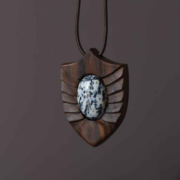 Graviertes Holz-Pendant mit Achatstein Handgefertigt Künstlerisch Toranj
