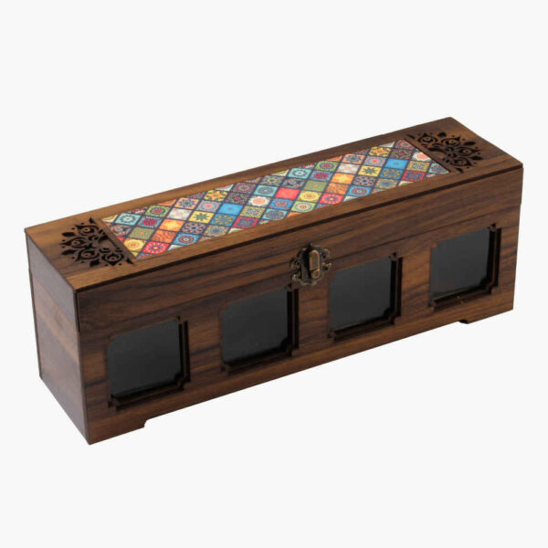 Holz-Gewürzregal mit 4 Dosen – Persisch inspiriert, Ramina