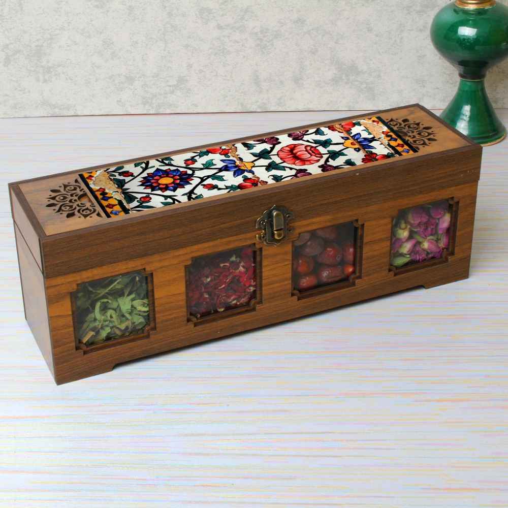 Holz-Gewürzregal mit 12 Dosen – Persisch inspiriert, Tanin