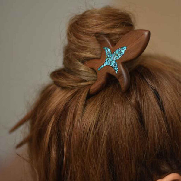 Holz-Haargabel Handgefertigt Matter Lotusblumen-Design Große Größe