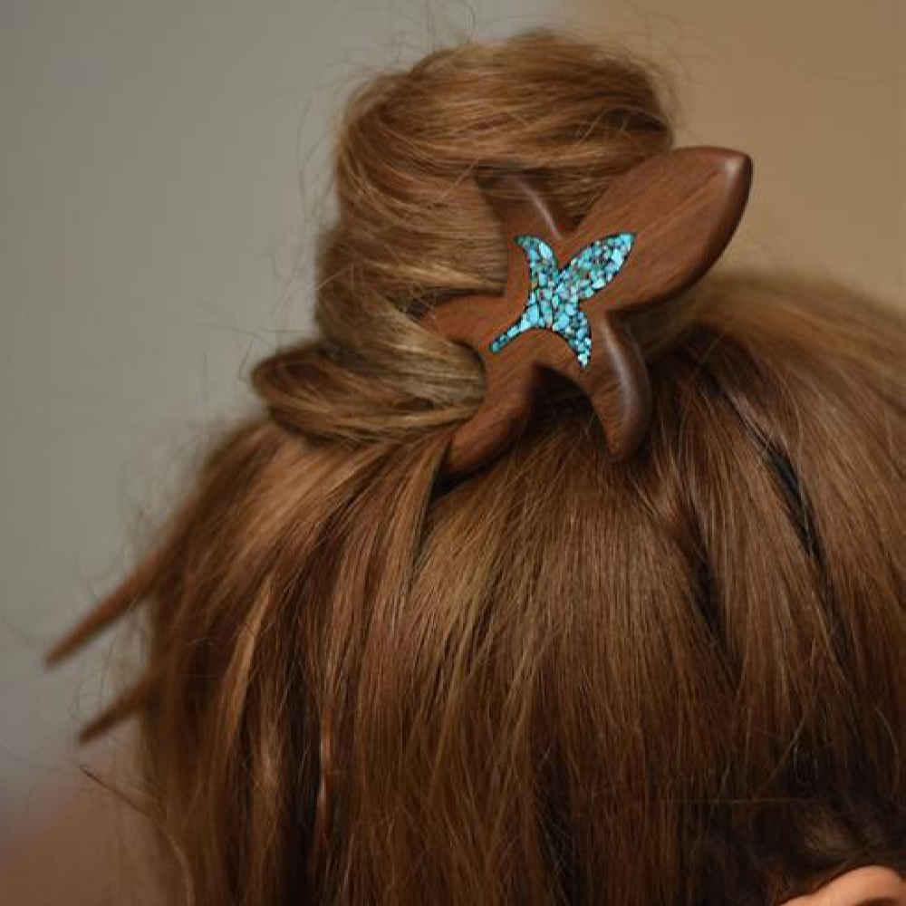 Holz-Haargabel Handgefertigt Matter Lotusblumen-Design Große Größe