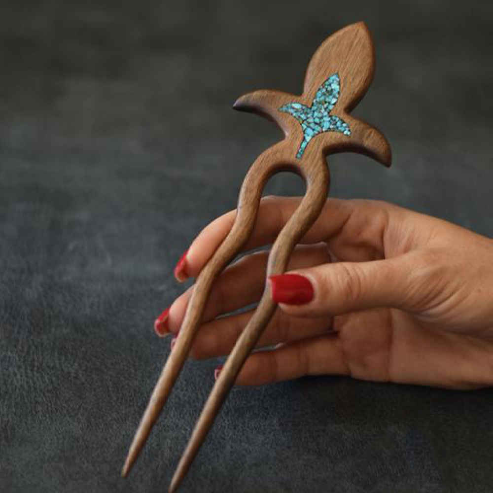 Holz-Haargabel Handgefertigt Matter Lotusblumen-Design Große Größe