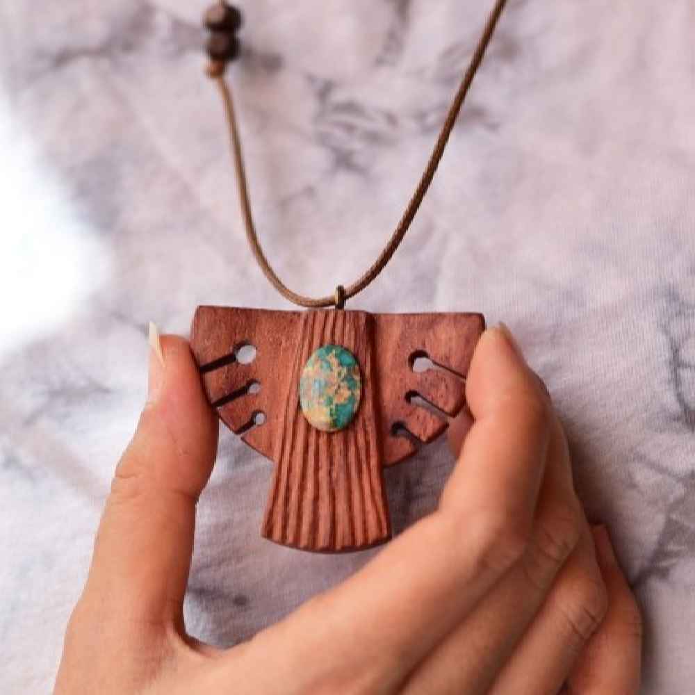 Holz & Türkis Anhänger Halskette Modell Ahura