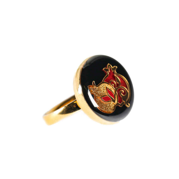 Stahl Siegelring mit Achat Resinüberzug und vergoldet Granatapfel Symbol