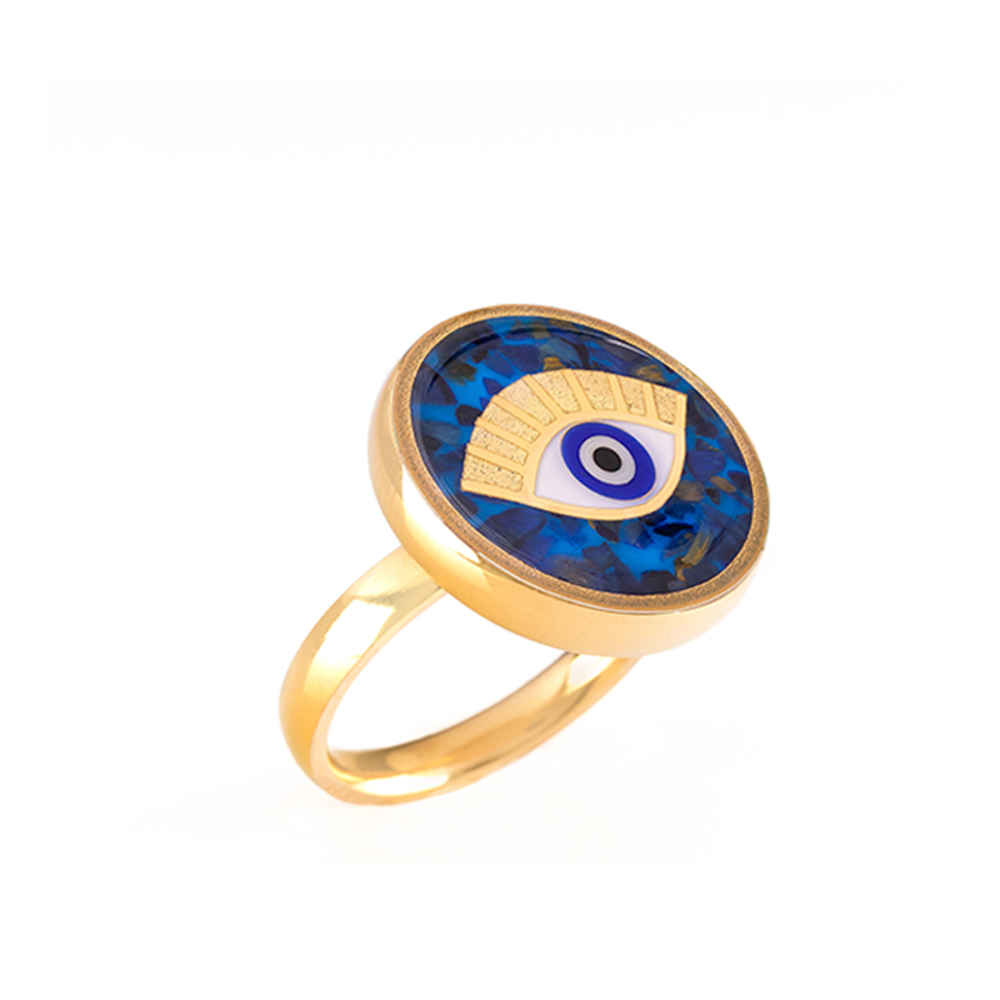Stahl Siegelring mit Lapislazuli Resinüberzug und vergoldet Cheshm Symbol