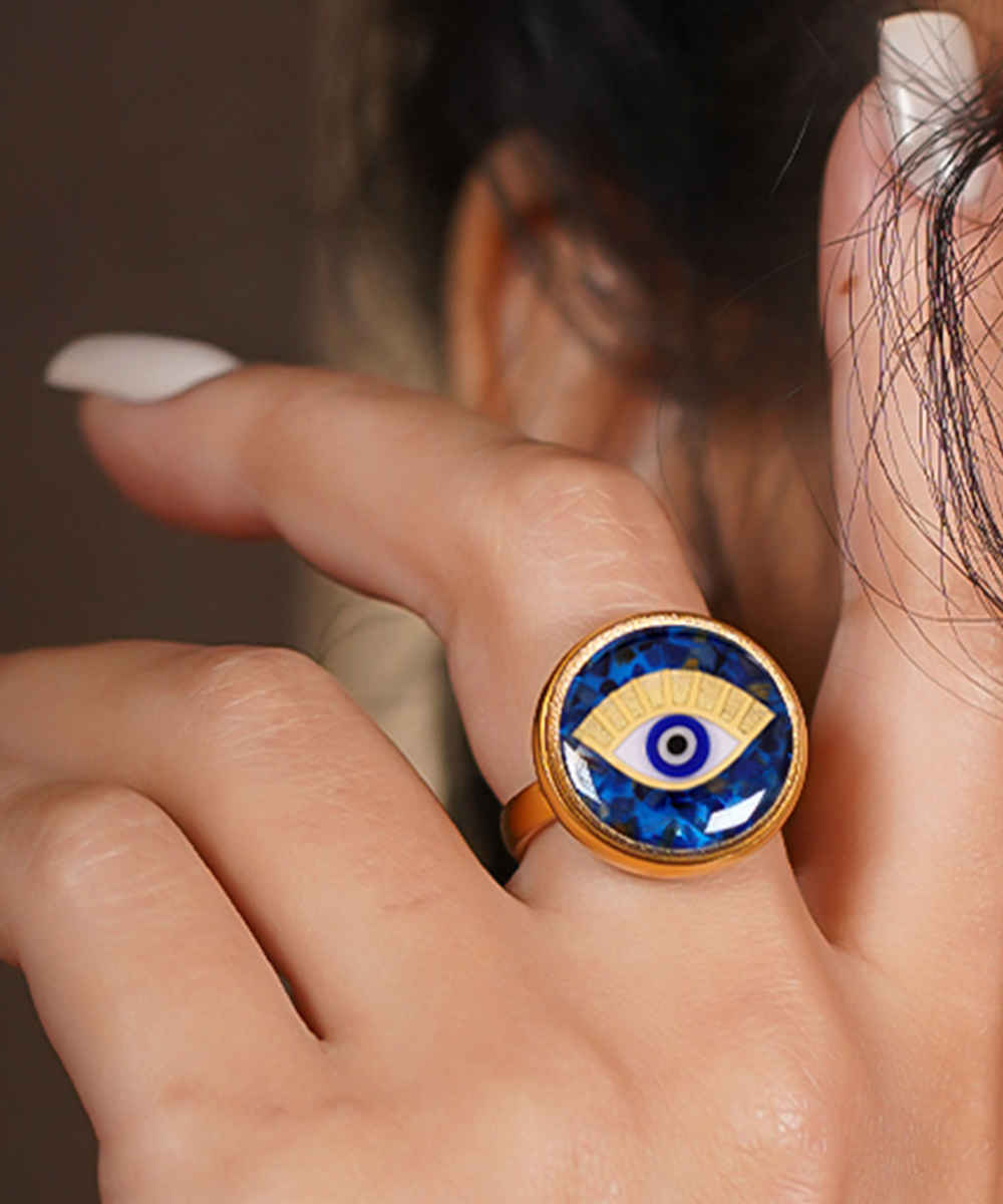 Stahl Siegelring mit Lapislazuli Resinüberzug und vergoldet Cheshm Symbol