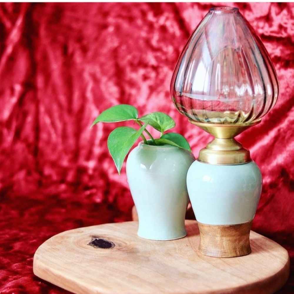 Künstlerische Tischlampe aus Keramik, handgefertigt mit Vasen-Set