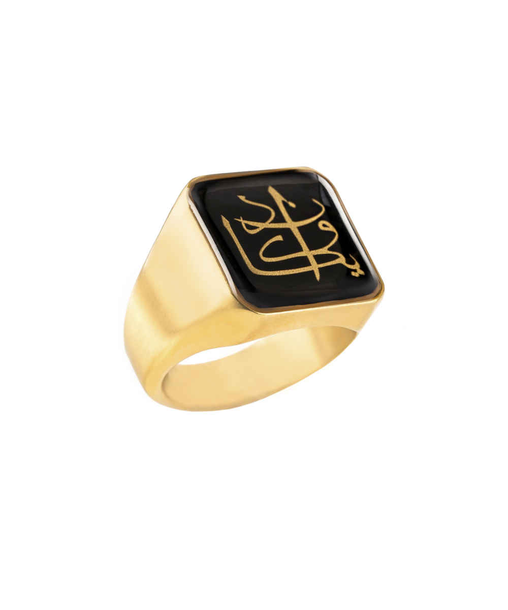 Steel Signet Ring with Onyx Resin Covered and Gold Plated Va In Yakad