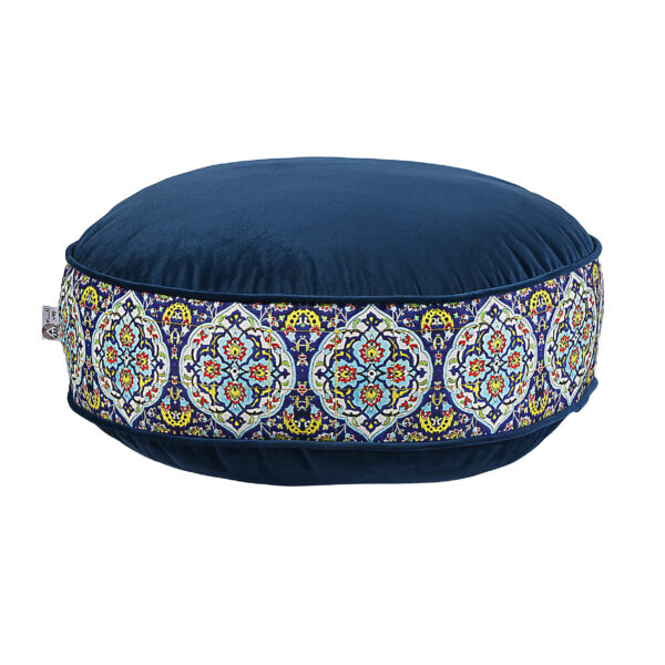 Bohemian großer runder Samt-Pouf, inspiriert von persischer Kunst, Blau Akam