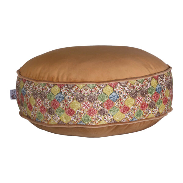 Bohemian großer runder Samt-Pouf, inspiriert von persischer Kunst, Braun Borna
