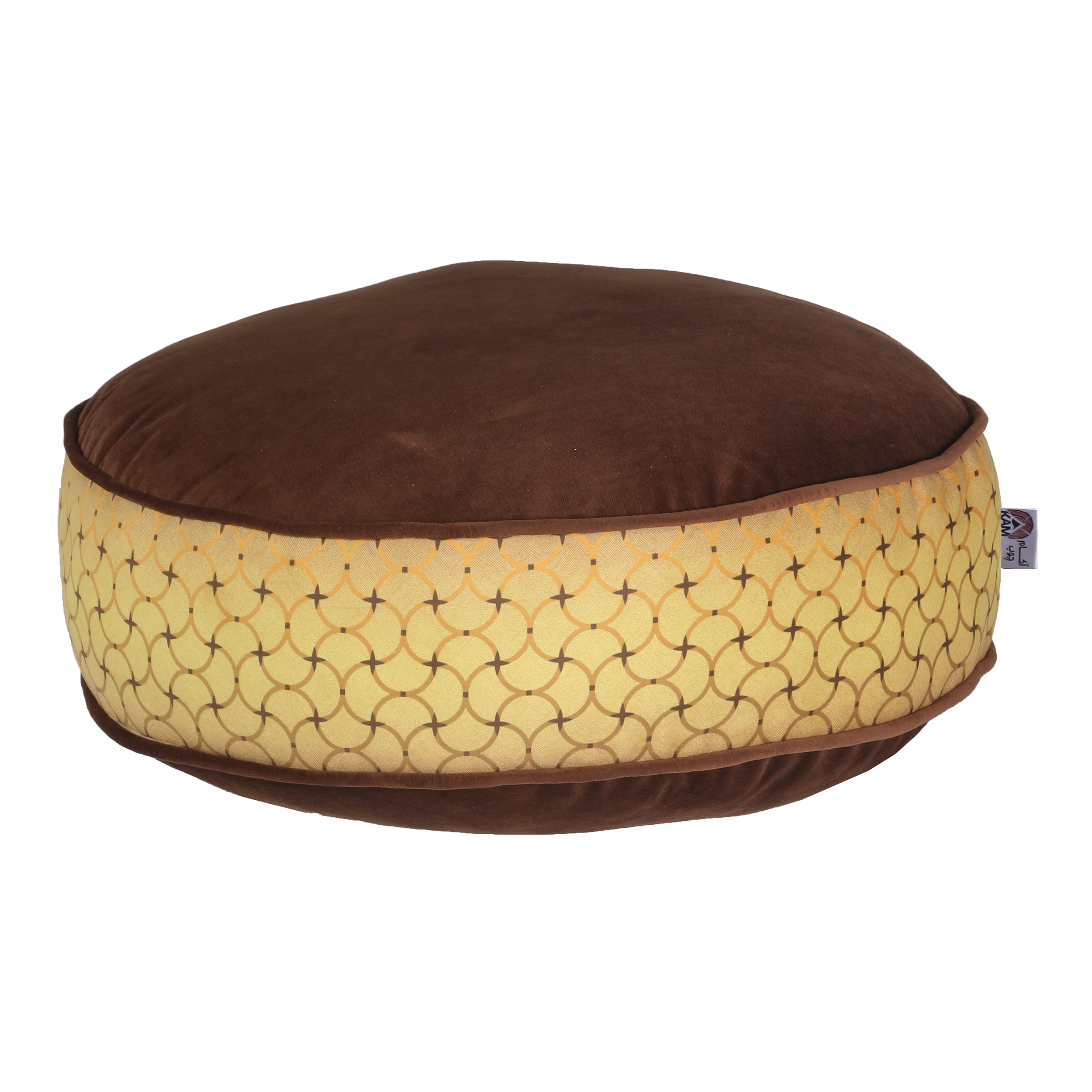 Bohemian großer runder Samt-Pouf, inspiriert von persischer Kunst, Braun Noyan