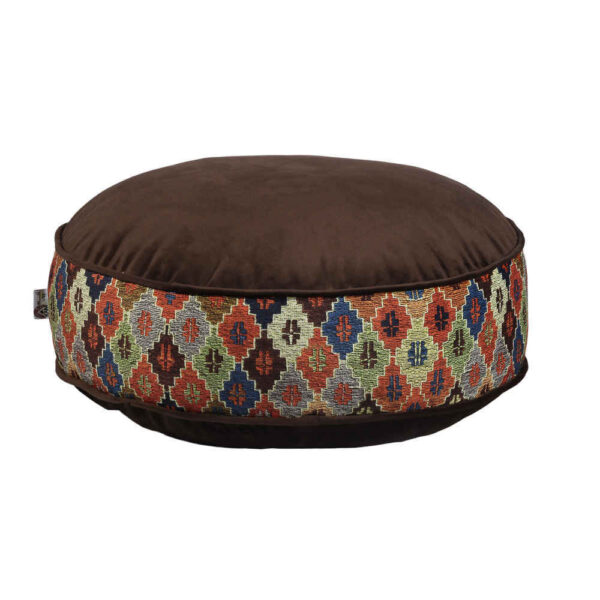 Bohemian großer runder Samt-Pouf, inspiriert von persischer Kunst, Braun Salva