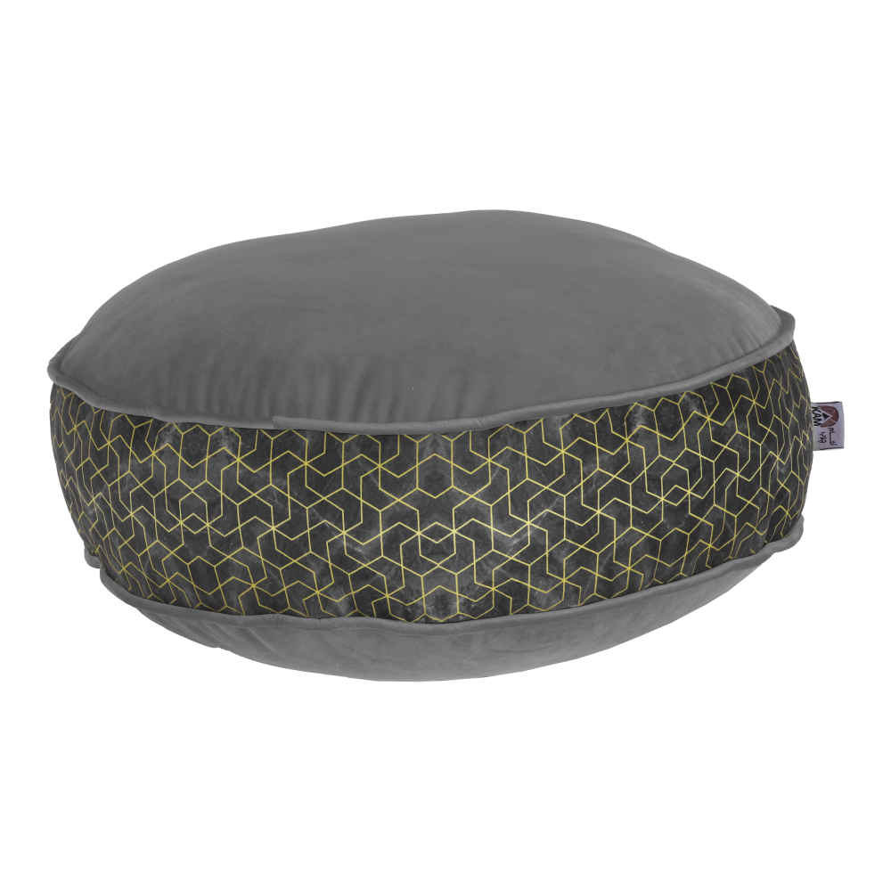 Bohemian großer runder Samt-Pouf, inspiriert von persischer Kunst, Grau Arman