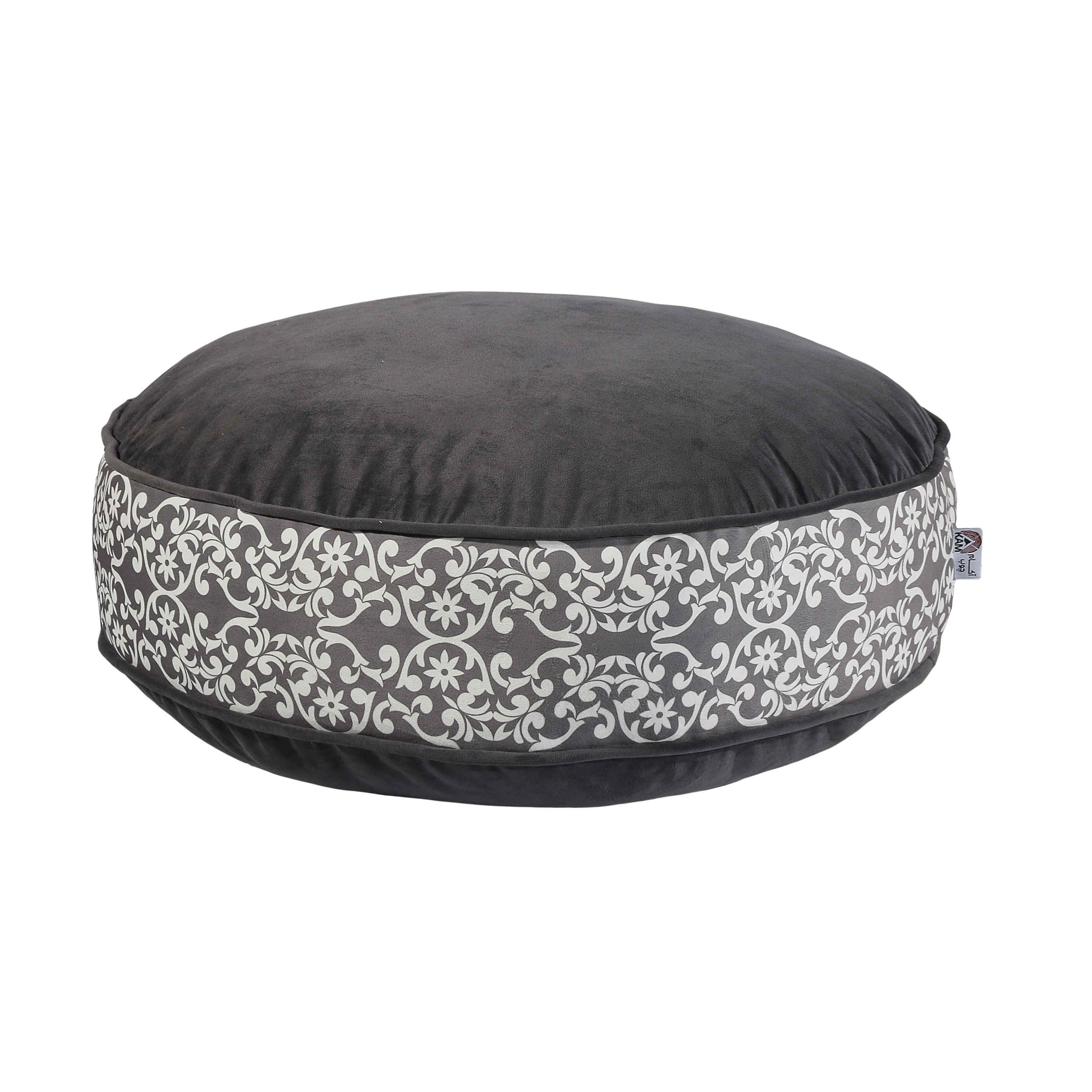 Bohemian großer runder Samt-Pouf, inspiriert von persischer Kunst, Grau Malih