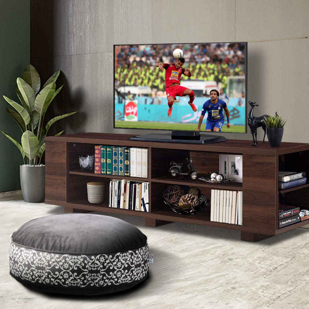 Bohemian großer runder Samt-Pouf, inspiriert von persischer Kunst, Grau Malih