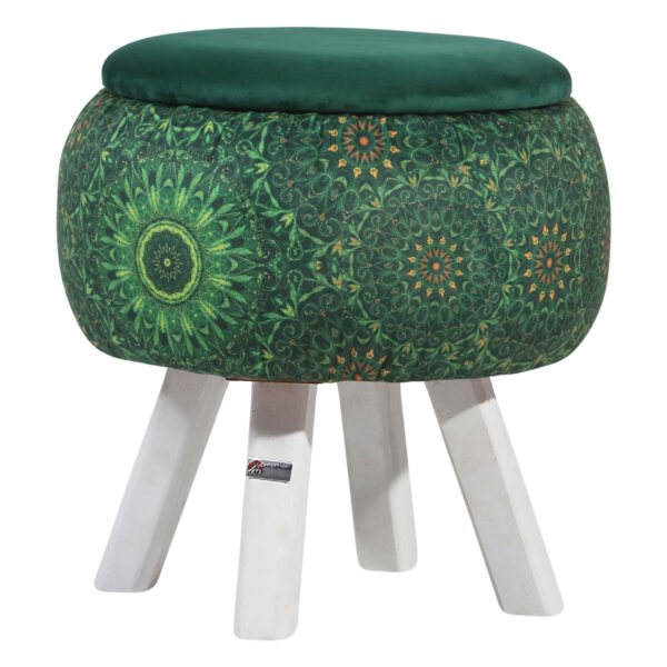 Runder Samt-Hocker mit Holzbeinen, inspiriert von persischer Kunst, Grün Bahador