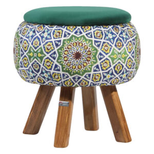 Runder Samt-Hocker mit Holzbeinen, inspiriert von persischer Kunst, Grün Emad