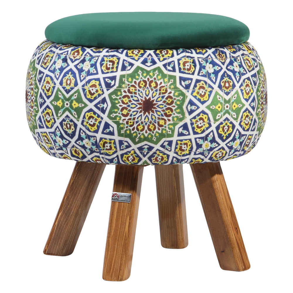 Runder Samt-Hocker mit Holzbeinen, inspiriert von persischer Kunst, Grün Emad