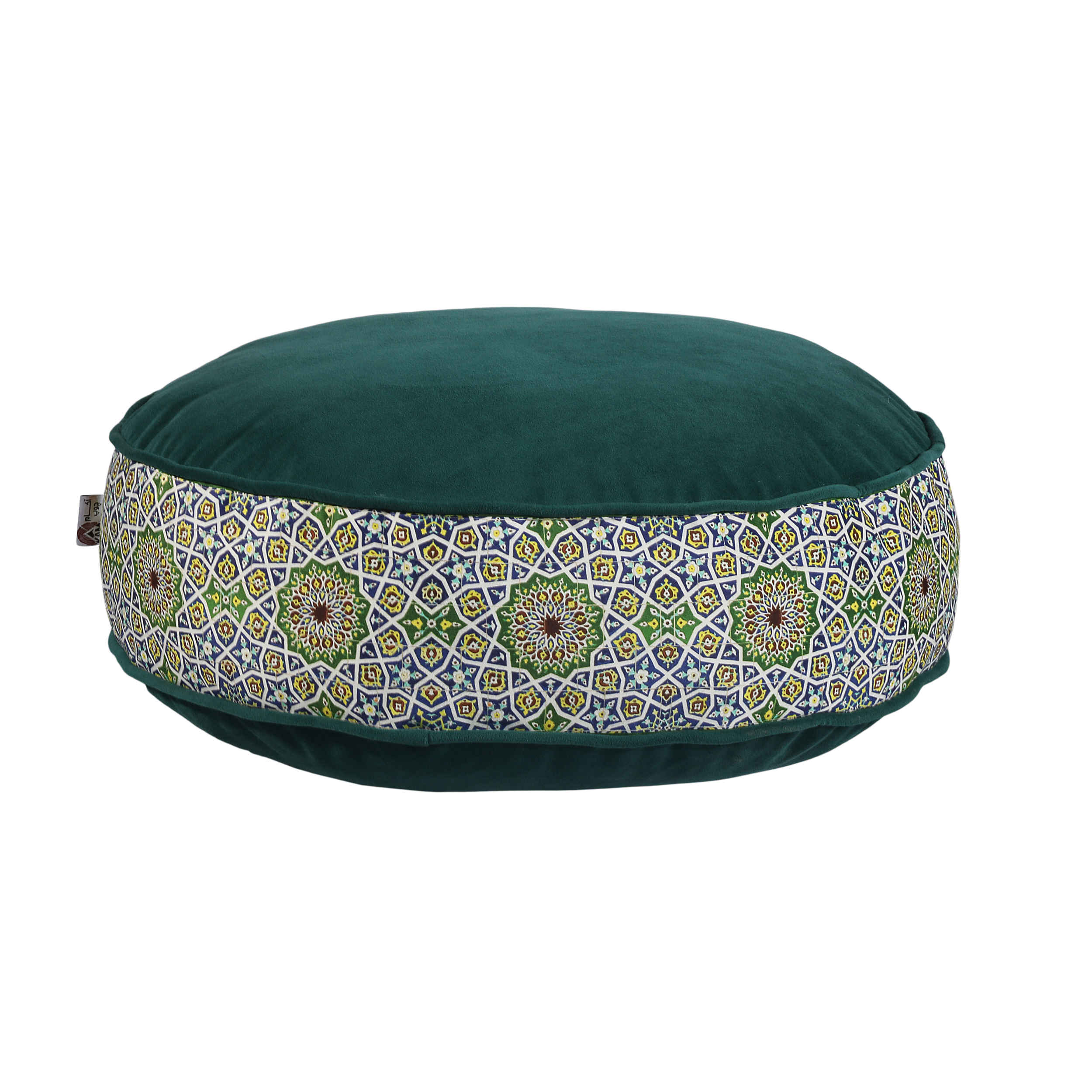 Bohemian großer runder Samt-Pouf, inspiriert von persischer Kunst, Grün Haleh