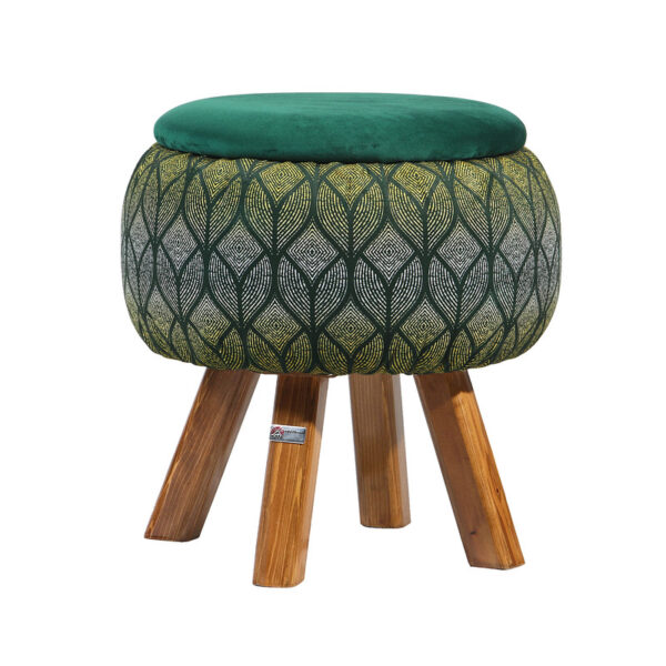Runder Samt-Hocker mit Holzbeinen, inspiriert von persischer Kunst, Grün Naghme