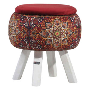 Runder Samt-Hocker mit Holzbeinen, inspiriert von persischer Kunst, Maroon Fatima