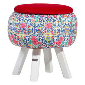 Runder Samt-Hocker mit Holzbeinen, inspiriert von persischer Kunst, Maroon Hanife