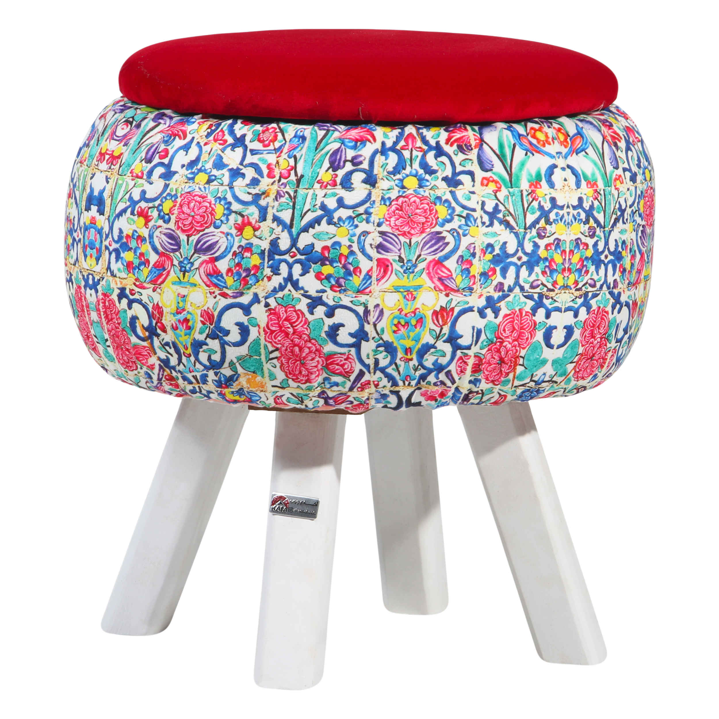Runder Samt-Hocker mit Holzbeinen, inspiriert von persischer Kunst, Maroon Hanife