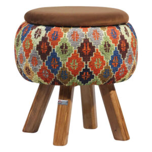 Runder Samt-Hocker mit Holzbeinen, inspiriert von persischer Kunst, Braun Mahta