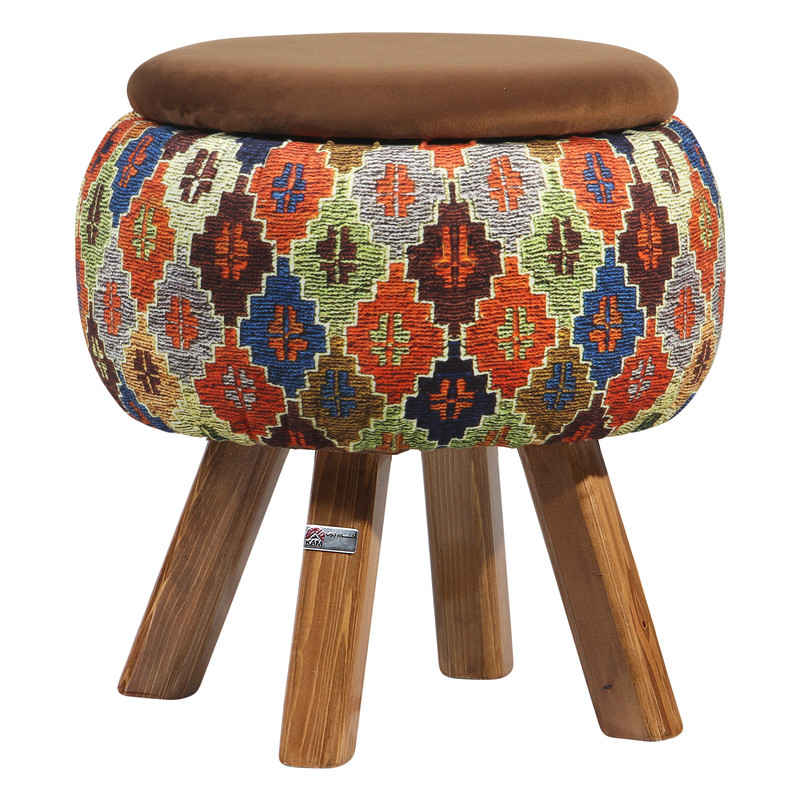 Runder Samt-Hocker mit Holzbeinen, inspiriert von persischer Kunst, Braun Mahta