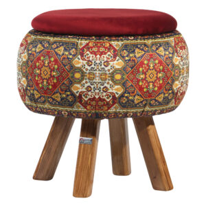 Runder Samt-Hocker mit Holzbeinen, inspiriert von persischer Kunst, Maroon Nastaran