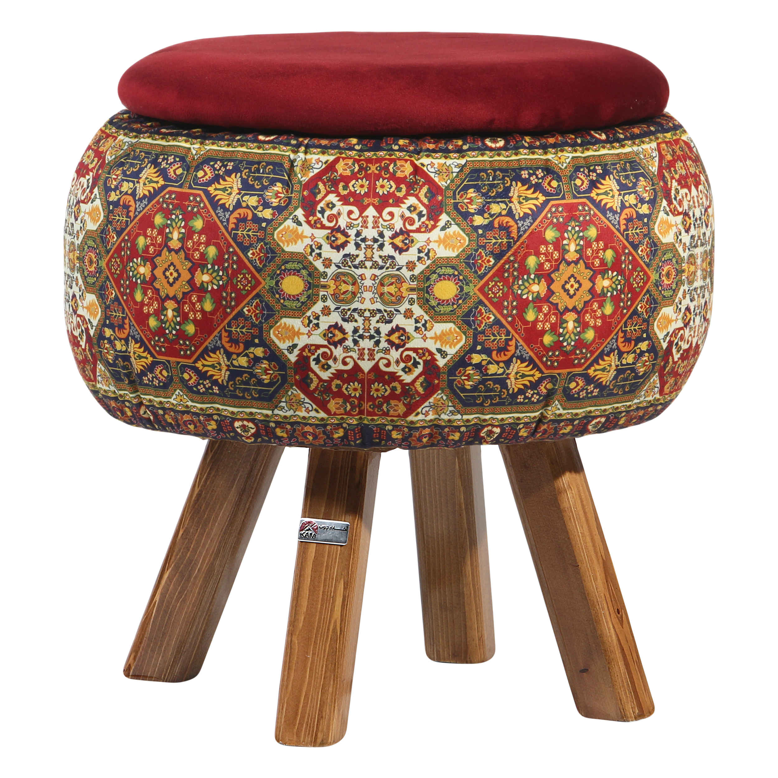 Runder Samt-Hocker mit Holzbeinen, inspiriert von persischer Kunst, Maroon Nastaran