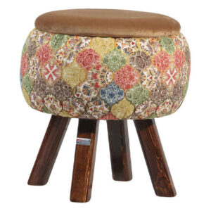 Runder Samt-Hocker mit Holzbeinen, inspiriert von persischer Kunst, Braun Negar