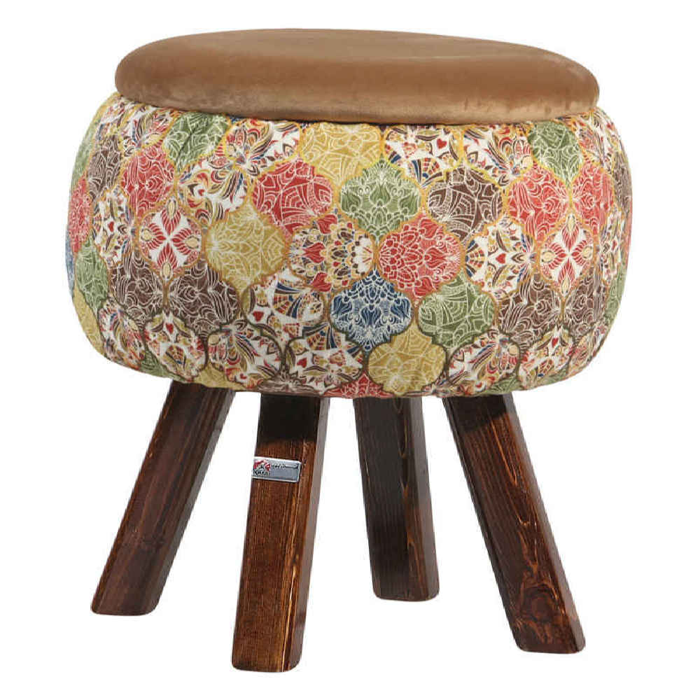 Runder Samt-Hocker mit Holzbeinen, inspiriert von persischer Kunst, Braun Negar