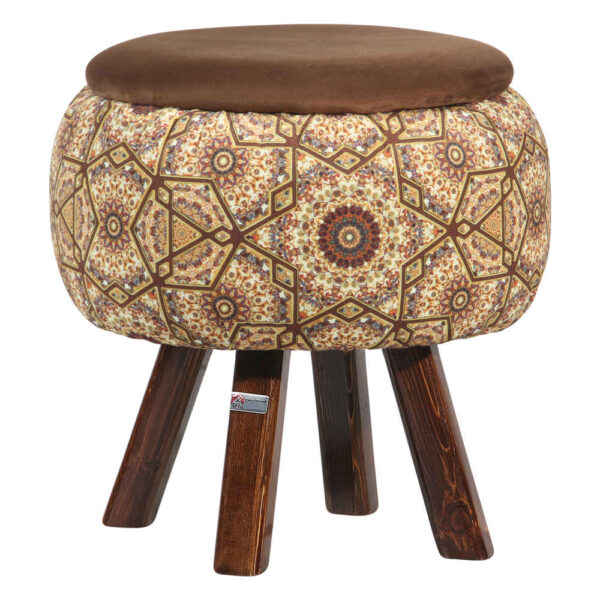Runder Samt-Hocker mit Holzbeinen, inspiriert von persischer Kunst, Braun Raha