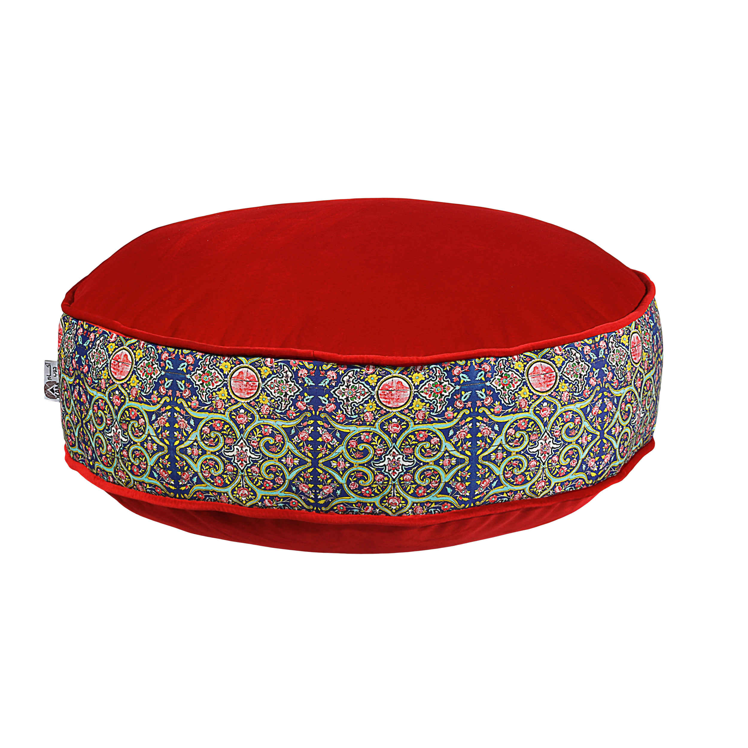 Bohemian großer runder Samt-Pouf, inspiriert von persischer Kunst, Rot Alma