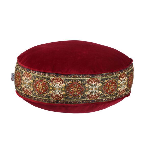 Bohemian großer runder Samt-Pouf, inspiriert von persischer Kunst, Rot Hana