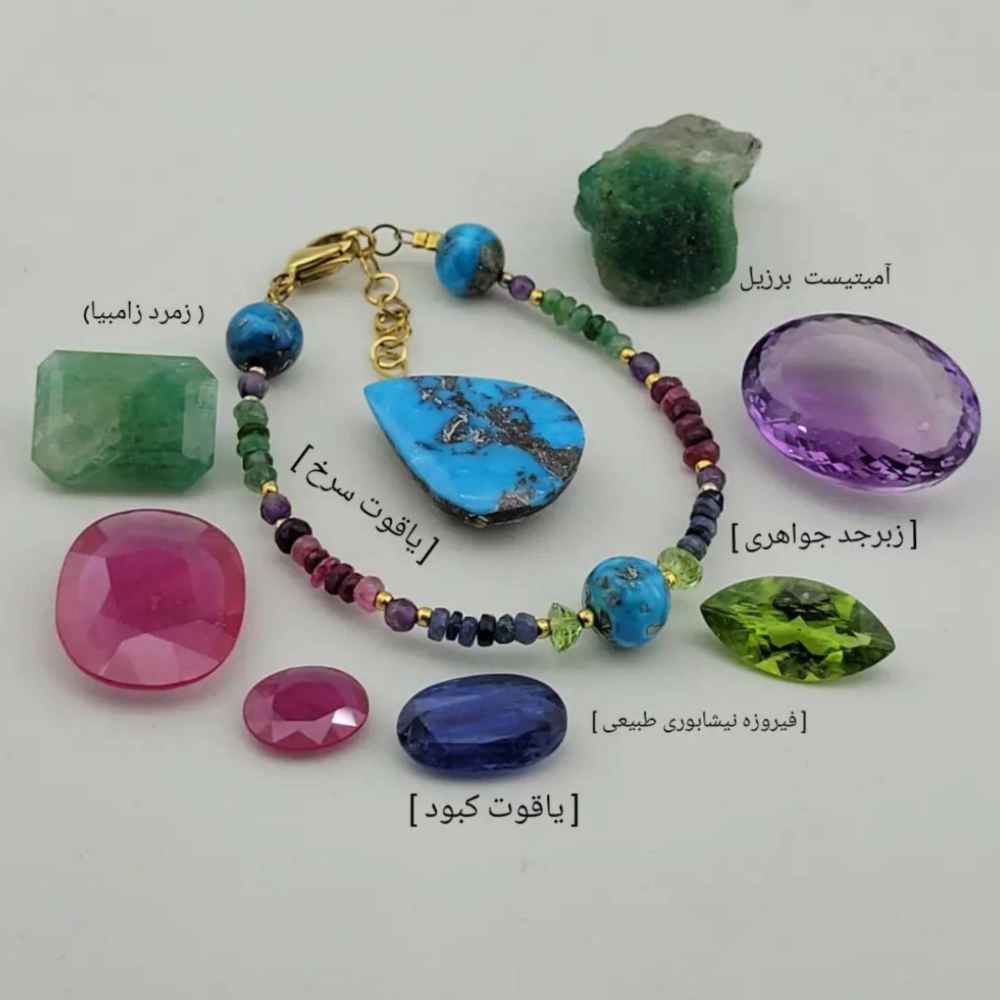 Perlenarmband für Damen – Smaragd-, Rubin- und Türkissteine