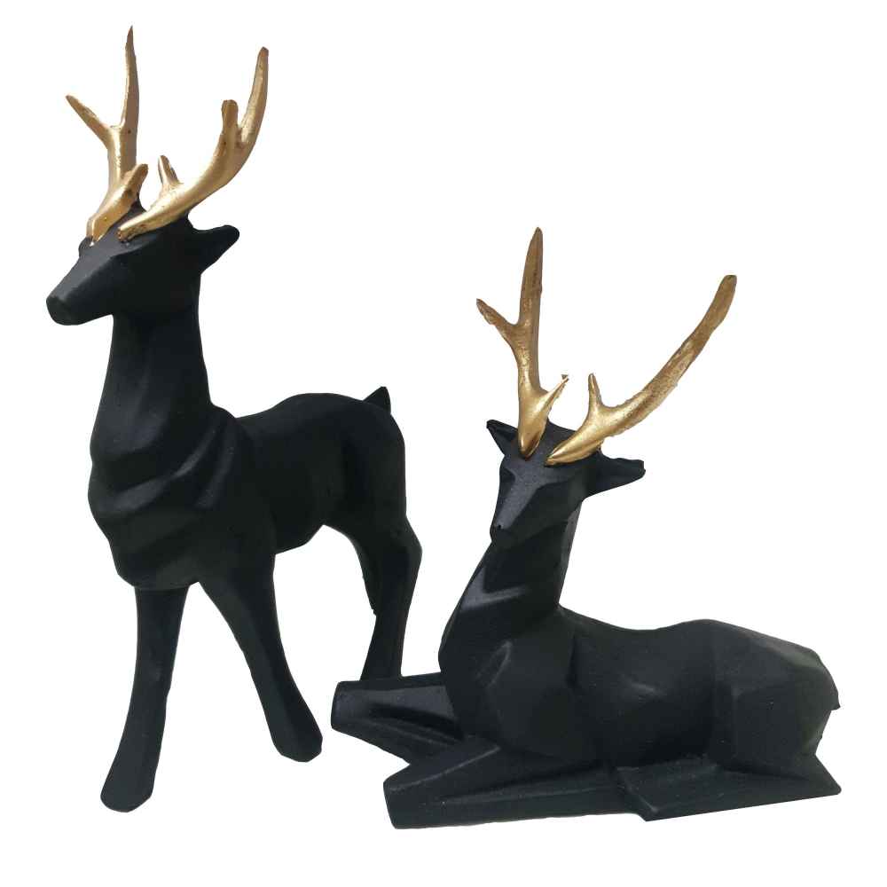 Set aus 2 geometrischen schwarzen Polyester-Hirschfiguren im Kubismus-Stil - Künstlerisch