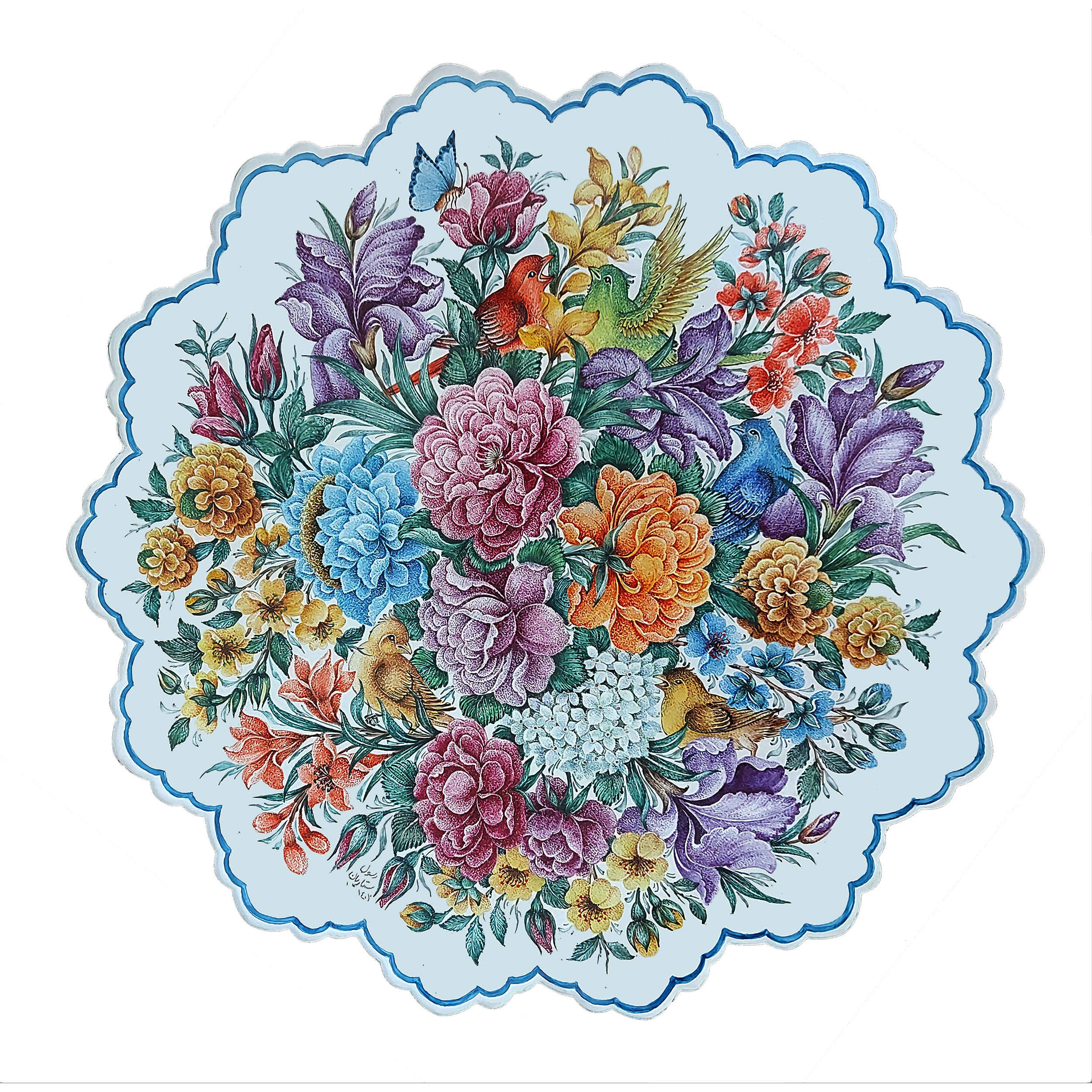 Dekorativer Kupferteller handgemalt mit persischer Minakari Emaille Himmel