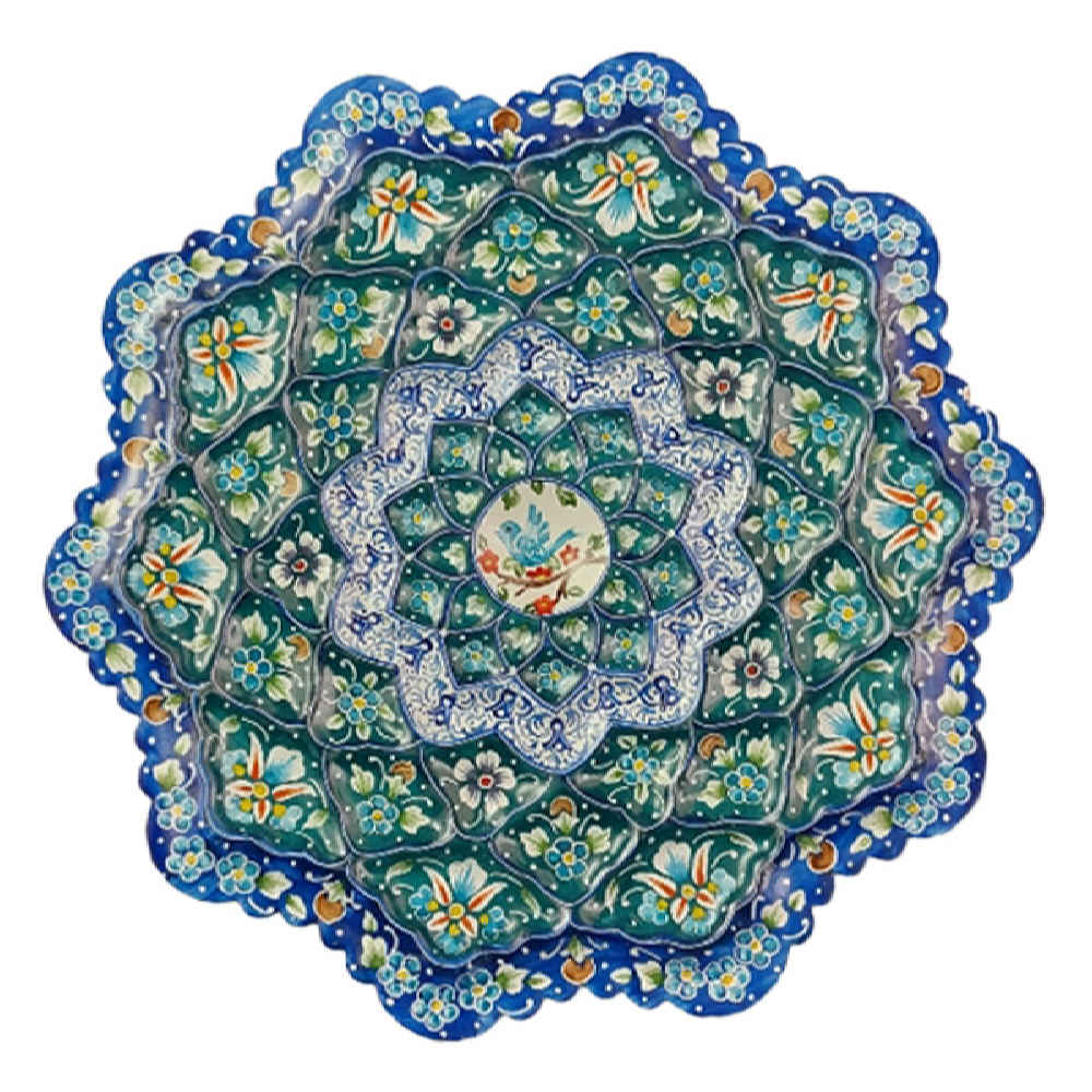 Dekorativer Kupferteller handgemalt mit persischem Minakari Emaille Taranom