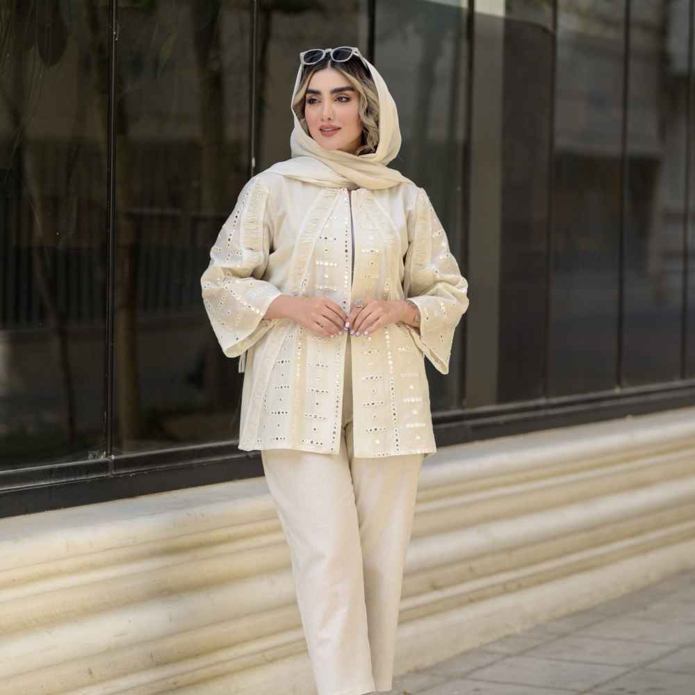 Persisches cremefarbenes Manto & Hosen-Set Modell Jeyran