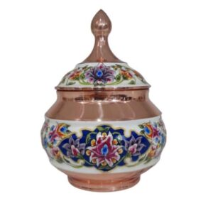 Handgefertigte persische Kupfer-Zuckerschale mit Deckel – Minakari emailliert Behesht