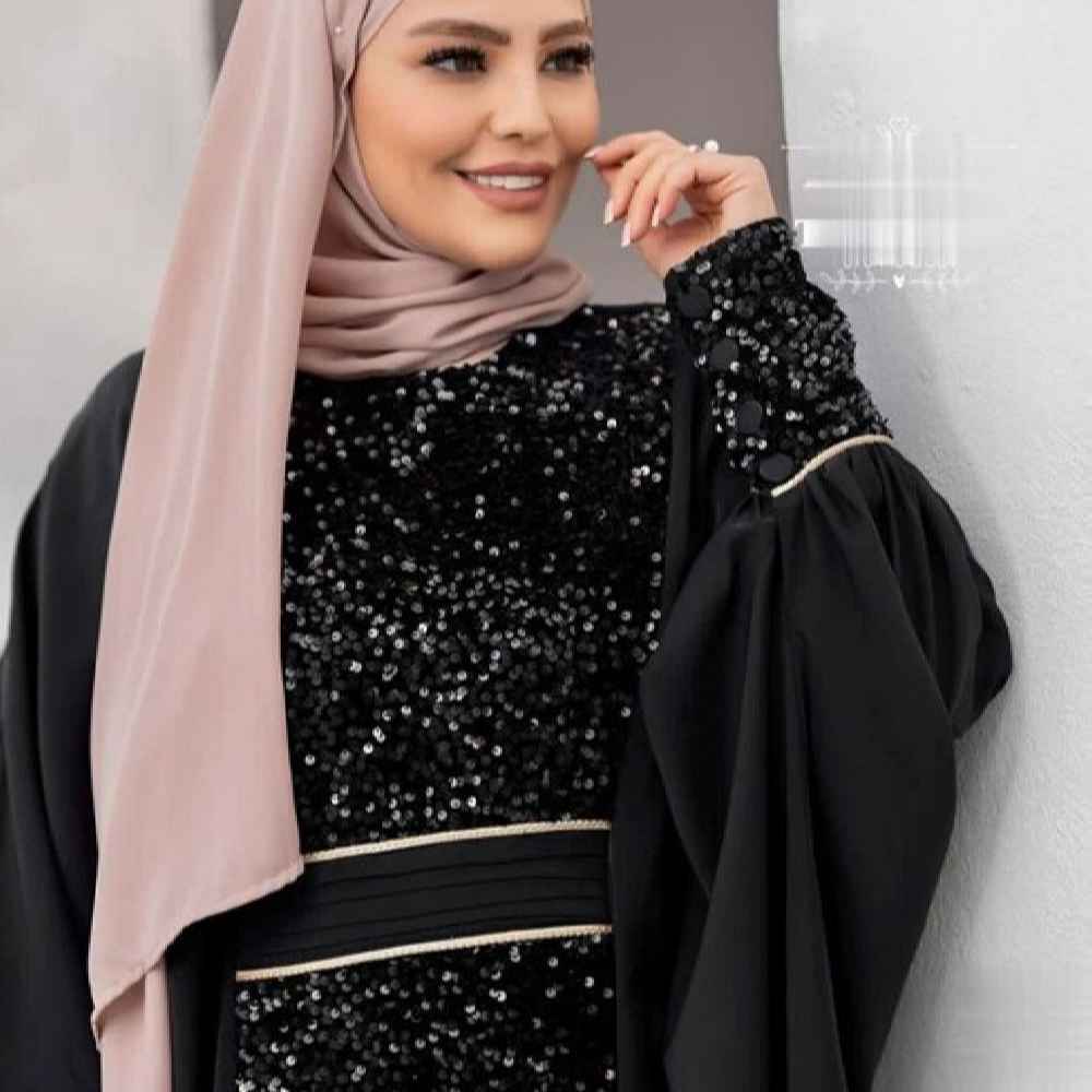 Stilvolle Abaya für Frauen Elegant Schwarz Mit Glitzerpailletten