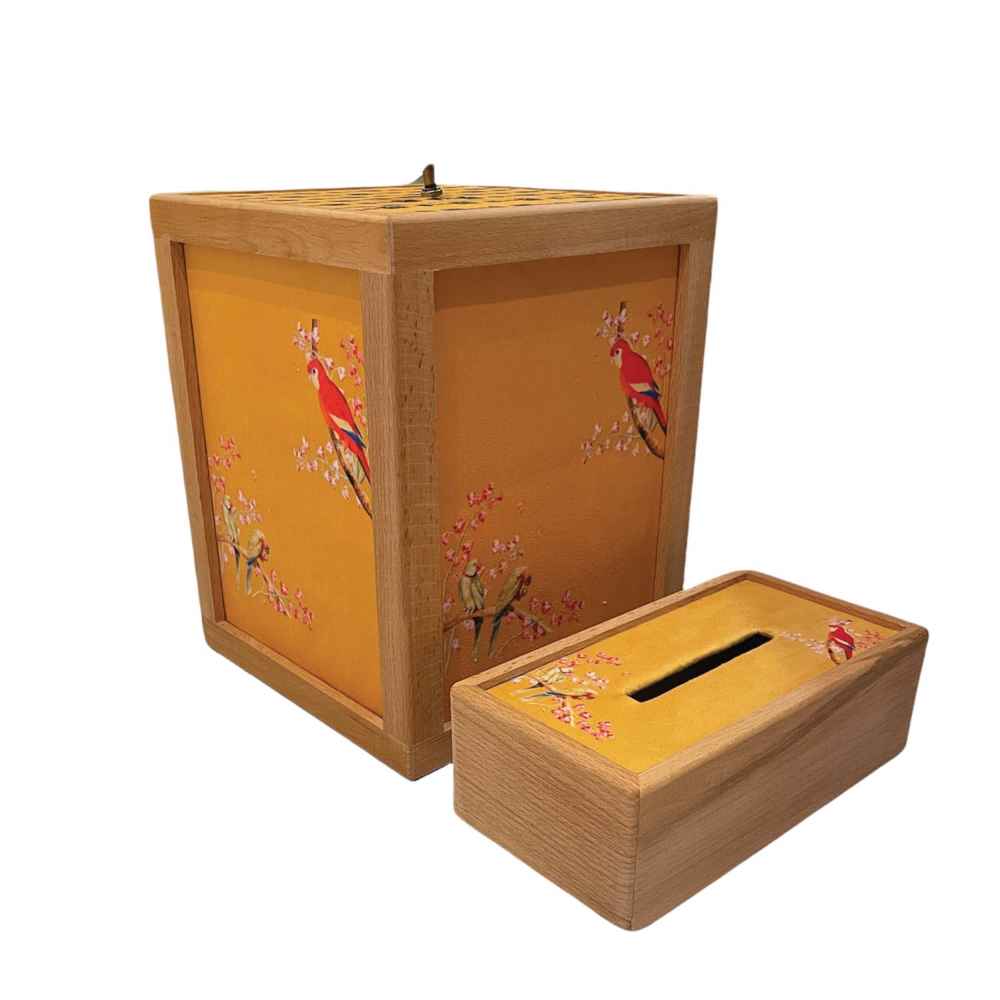 Persisches Holz-Abfalleimer- und Taschentuchbox-Set – Papagei