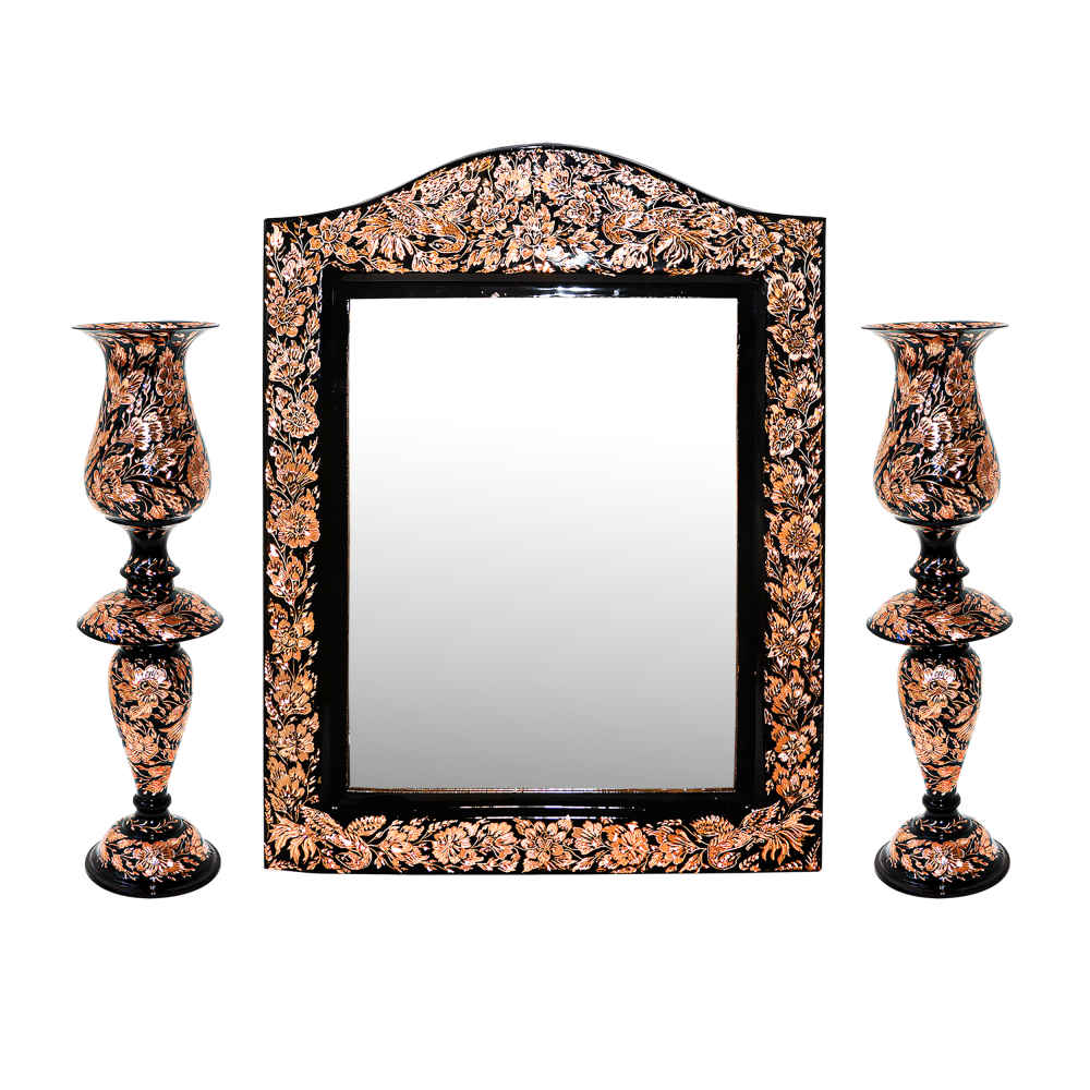 Gravierter persischer Kupferspiegelrahmen & Kerzenhalter-Set – King-Design