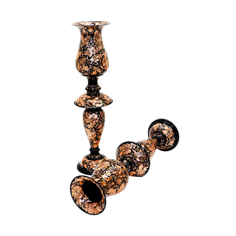 Gravierter persischer Kupferspiegelrahmen mit Kerzenhalter-Set – Königliches Design